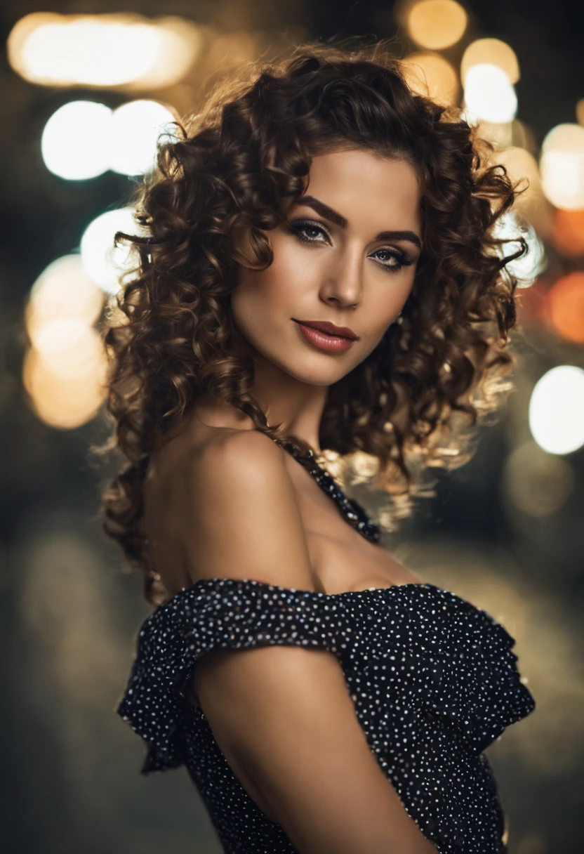 Stunning 25 years old model posing seductively while looking at viewer, curly finger wavy hair, midnight street, dynamic scene, brown hair, busty, vintage haircut, open smile, full body, in a polkadot dress, wearing spotted short dress, beautiful face, 16K, top quality, ultra detailed skin and face, dark lighting, stock picture.