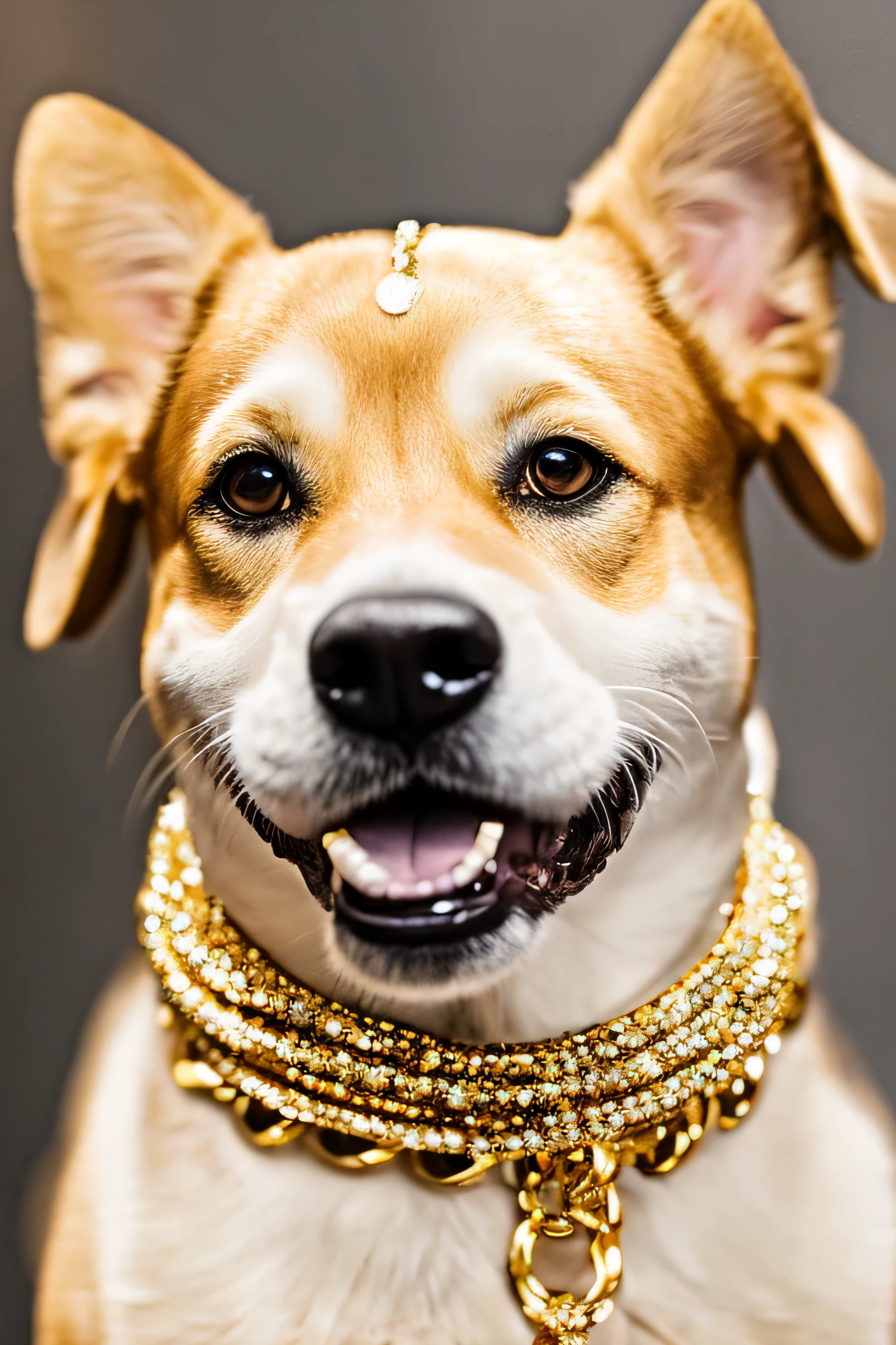 "Capturing the joyful and stylish essence of dogs standing upright like humans, Showcasing chic clothing and gold jewelry. A broad light appears on the dog&#39;s face, a human smile，Exuding happiness and charm. This outfit is a stylish suit, Maybe a nice jacket or bow tie, Perfectly accented with a touch of gold jewelry—think a delicate chain or a gorgeous pendant around your neck. The picture is full of positive energy, Dog posing confidently on hind legs，Background is stylish and simple，Won&#39;t distract from clothing and accessories. Lighting should highlight the shine of jewelry and details of clothing textures, Give images high-resolution clarity，Celebrating the joy of dogs and the sophistication of their costumes."
