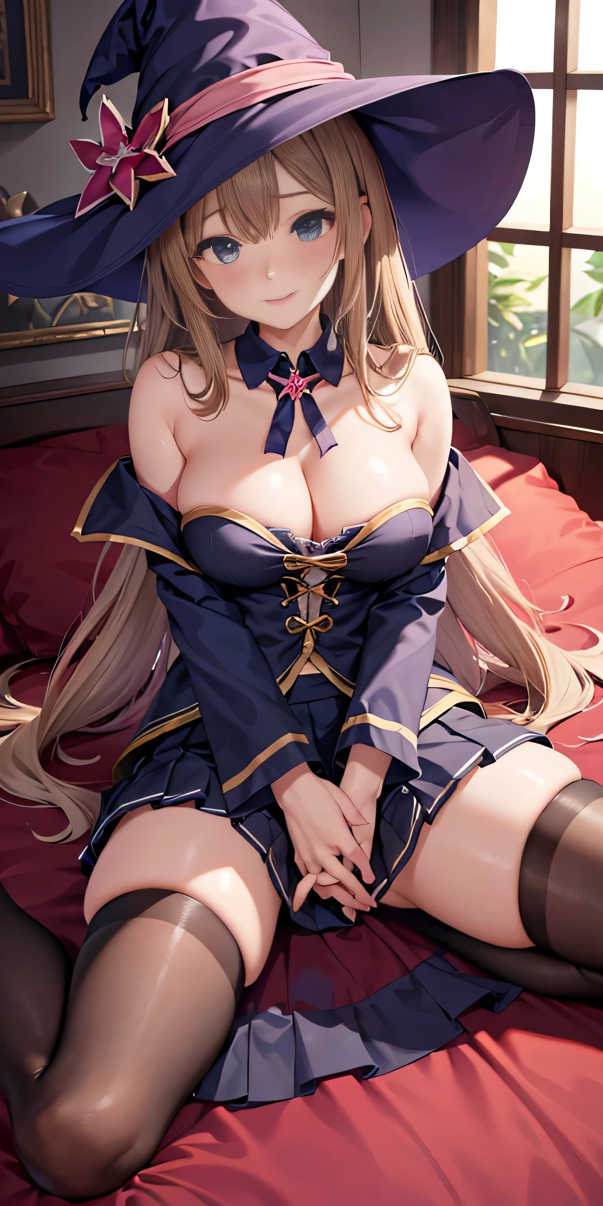 debris flies, highest quality, Highly detailed CG Unity 8K wallpaper, sexy witch , Long length hair、Dark blonde wavy hair、off shoulder knit, dark blue pleated skirt, stockings、medium breasts, saggy breasts, Pose that emphasizes the chest, blush, shy smile, bare shoulders, (((lift up the skirt with both hands、open your legs wide、please open your knees))）、、nice magic book、church bed、lying in bed、、pink panties、pink good