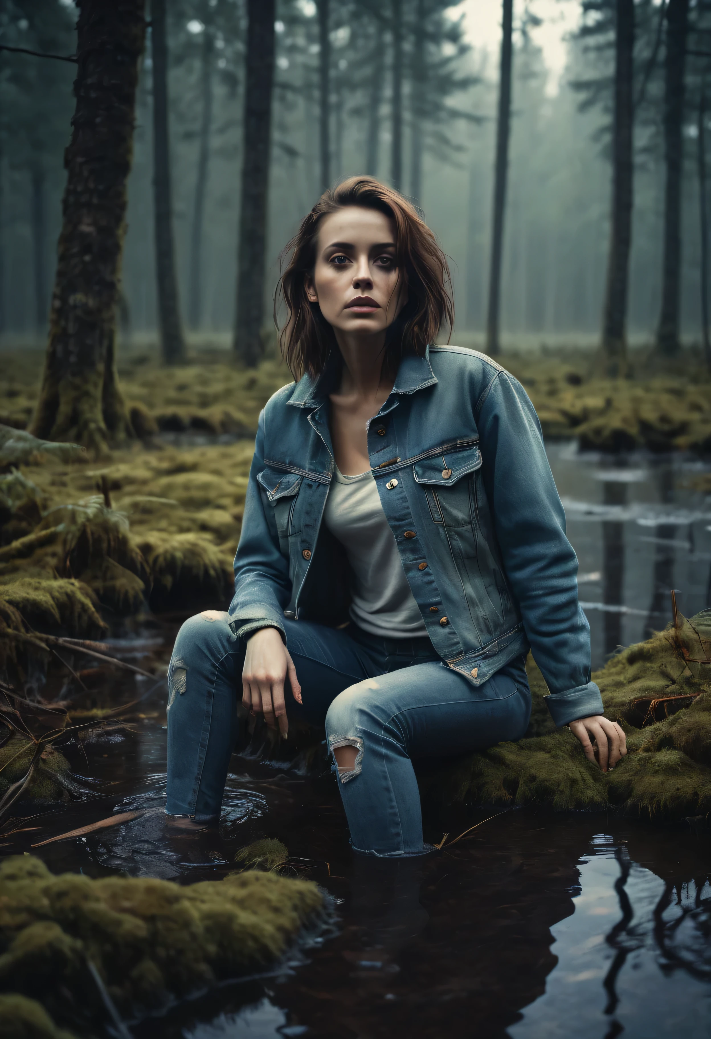 masterpiece, realistic, regular woman in jeans and t-shirt and worn out denim jacket, drowning in forest bog, film grain, high contrast, cinematic, surreal, vintage, dreamlike, distressed, eerie atmosphere, somber color palette, haunting, misty, mysterious lighting, foggy, blurred edges, decaying textures, ghostly, old-fashioned vibe