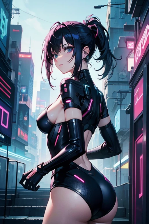 cyber punk、beautiful mature woman、backwards