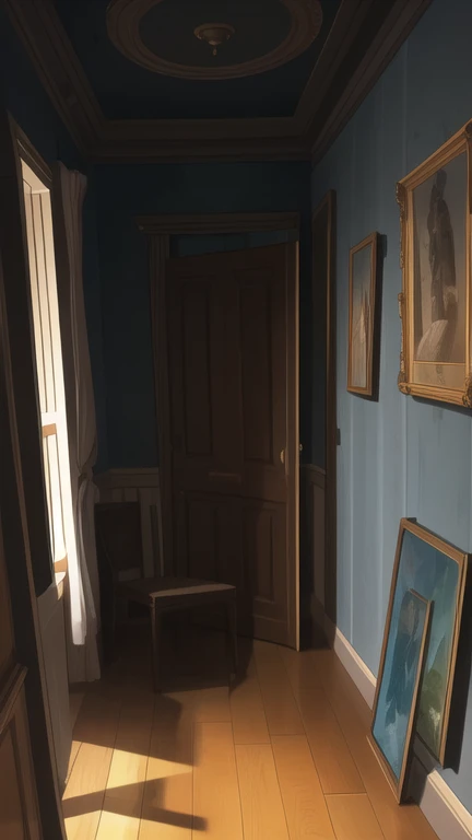 a gloomy room of someone very poor, with a painting hanging on the wall and cobwebs appearing