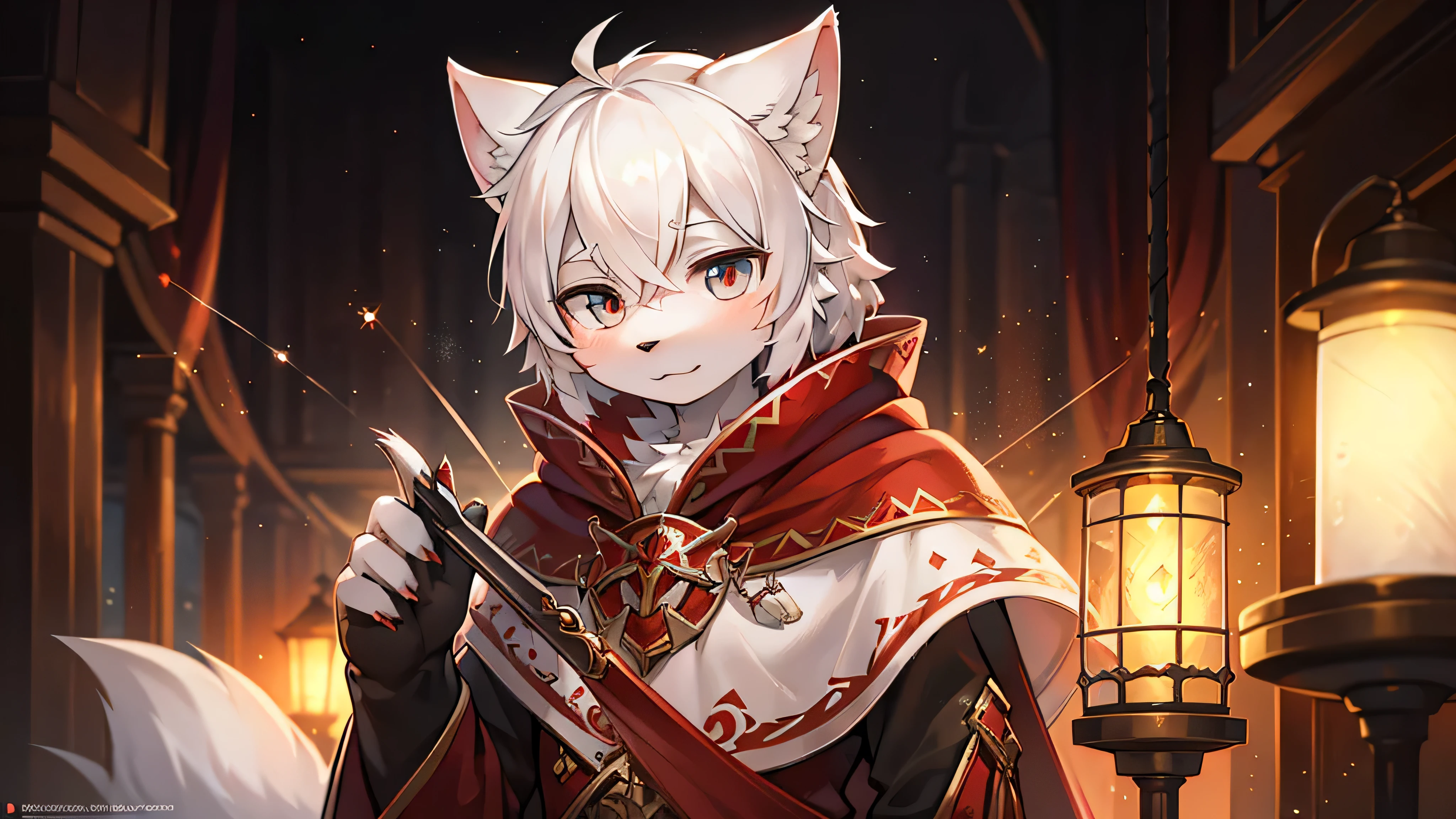 Masterpieces,official art,furry,male,Anthropomorphic white wolf,Delicate face,Delicate eyes,Red cloak,Kerosene lamp,sickle:1.2, depth of field, perfect lighting, light particles,(best quality),(masterpiece),(ultra detailed),sharp focus,light particles