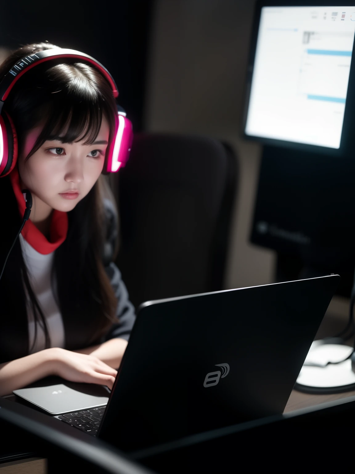 woman sitting at a table with a laptop and headphones on, wearing gaming headset, wearing a gaming headset, sitting in front of computer, wearing a headset, in front of a computer, girl wearing headphones, wearing headset, working in a call center, sitting at a computer, wearing modern headphone, with head phones, studying in a brightly lit room
