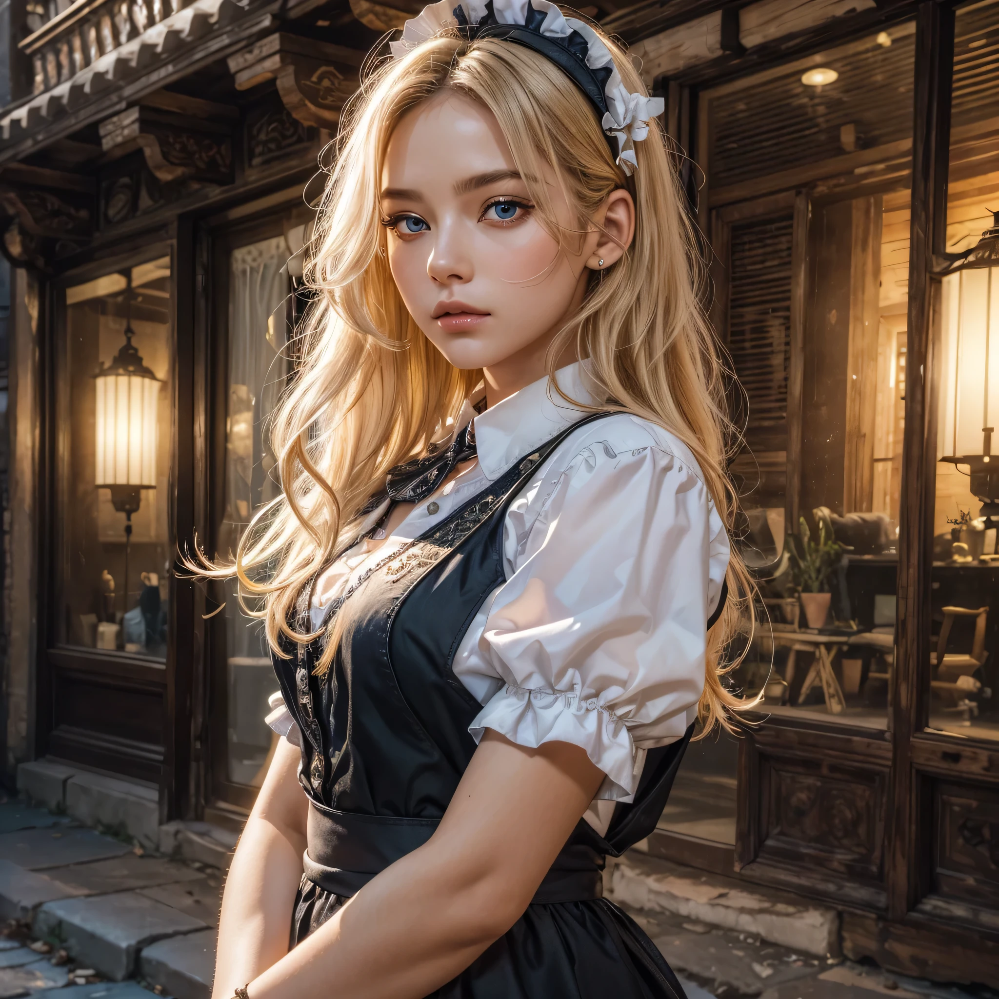 ((masterpiece)), ((best quality)), ((highres)), ((detailed background)), ((extremely detailed CG unity 8k wallpaper)), solo, shiona, blonde hair, long hair, blue eyes, hair tuft, cowboy shot, outdoors, ((maid outfit))