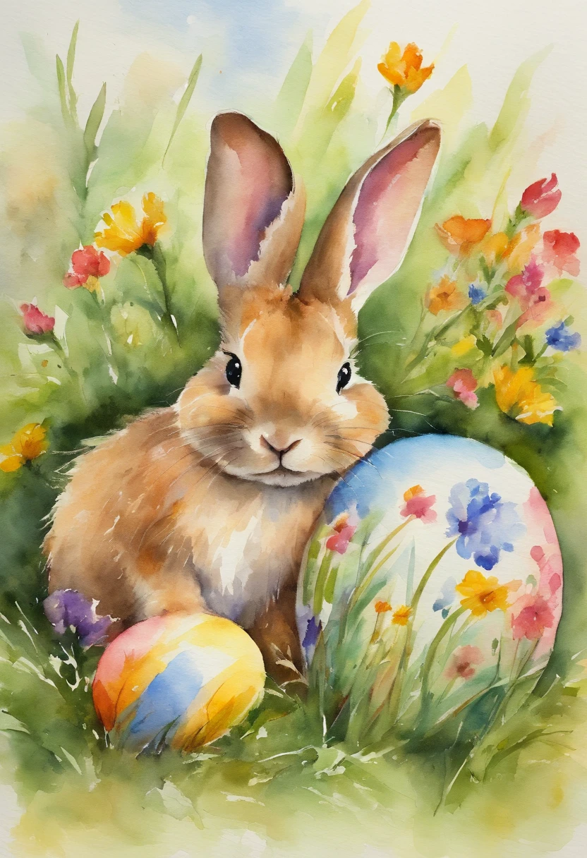 2 cute bunnies inside on a grassy field with colorful easter eggs and wild flowers in an easter art holiday atmosphere, watercolor art, masterpiece, soft bright colors, soft light, easter holiday decor, 8K, detailed, highest quality artwork, impresionist, oil paint