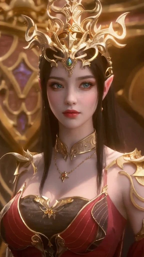 a close up of a woman in a red dress with a gold crown, beautiful and elegant elf queen, a beautiful fantasy empress, portrait of an elf queen, ((a beautiful fantasy empress)), alluring elf princess knight, an elf queen, she has elf ears and gold eyes, elf queen, elf princess, beautiful elven princess