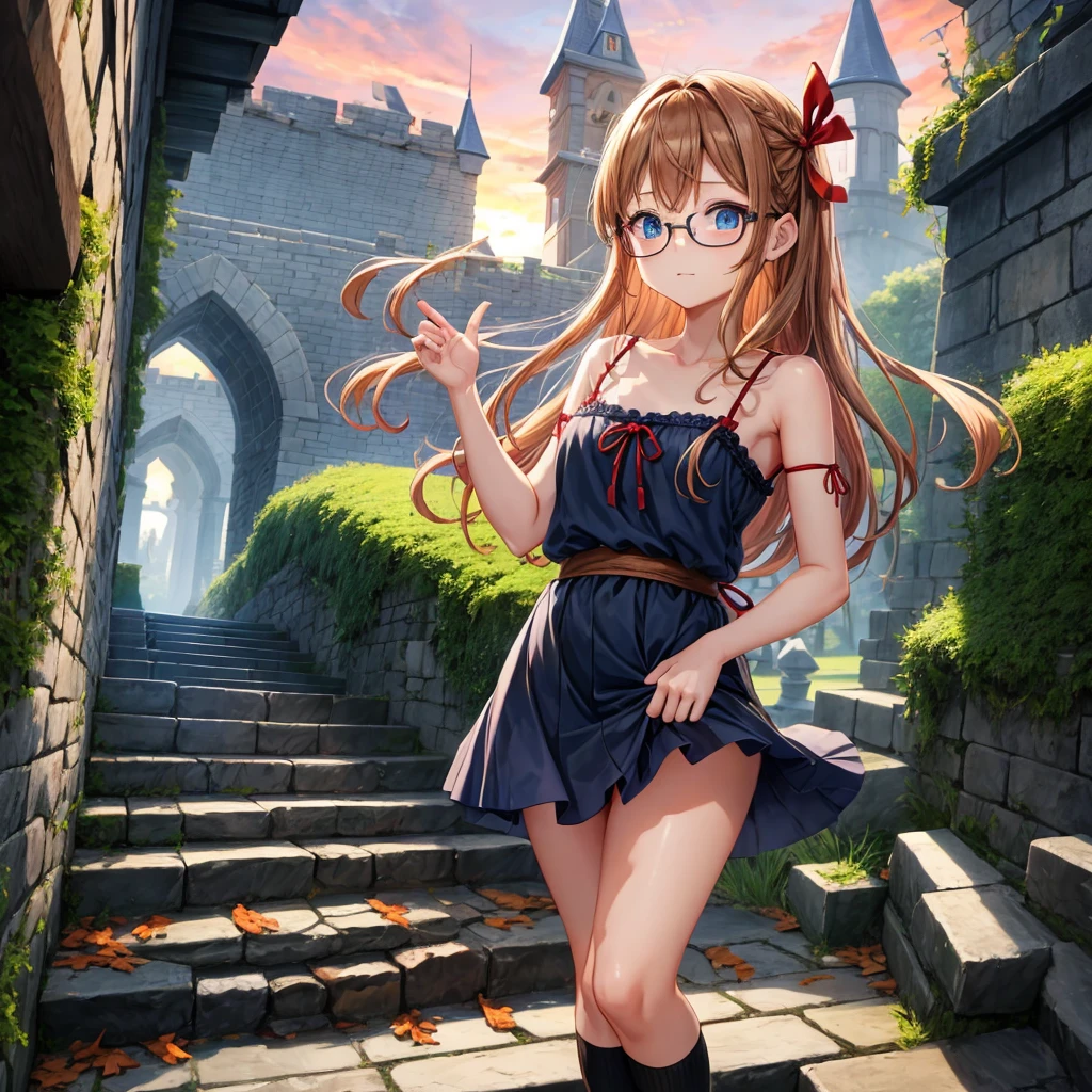 reddish-brown blonde、blue hair、blue eyes、Braid、one good looking girl、solo、anime、lattice柄のミニスカート、camisole、black t-shirt、Tilting your face、Doing the ribbon、Ribbon at waist、sunset sky、stone stairs、tunnel、Fallen leaves、wearing glasses、Burning、Light and shadow、maze、balloon、monster castle、lanthanum、corridor、Black socks、mossy stone、One leg is raised、lattice