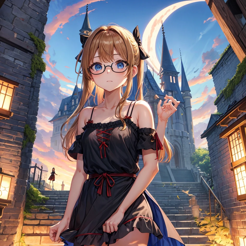 reddish-brown blonde、blue hair、blue eyes、Braid、one good looking girl、solo、anime、lattice柄のミニスカート、camisole、black t-shirt、Tilting your face、Doing the ribbon、Ribbon at waist、sunset sky、stone stairs、tunnel、Fallen leaves、wearing glasses、Burning、Light and shadow、maze、balloon、monster castle、lanthanum、corridor、Black socks、mossy stone、One leg is raised、lattice