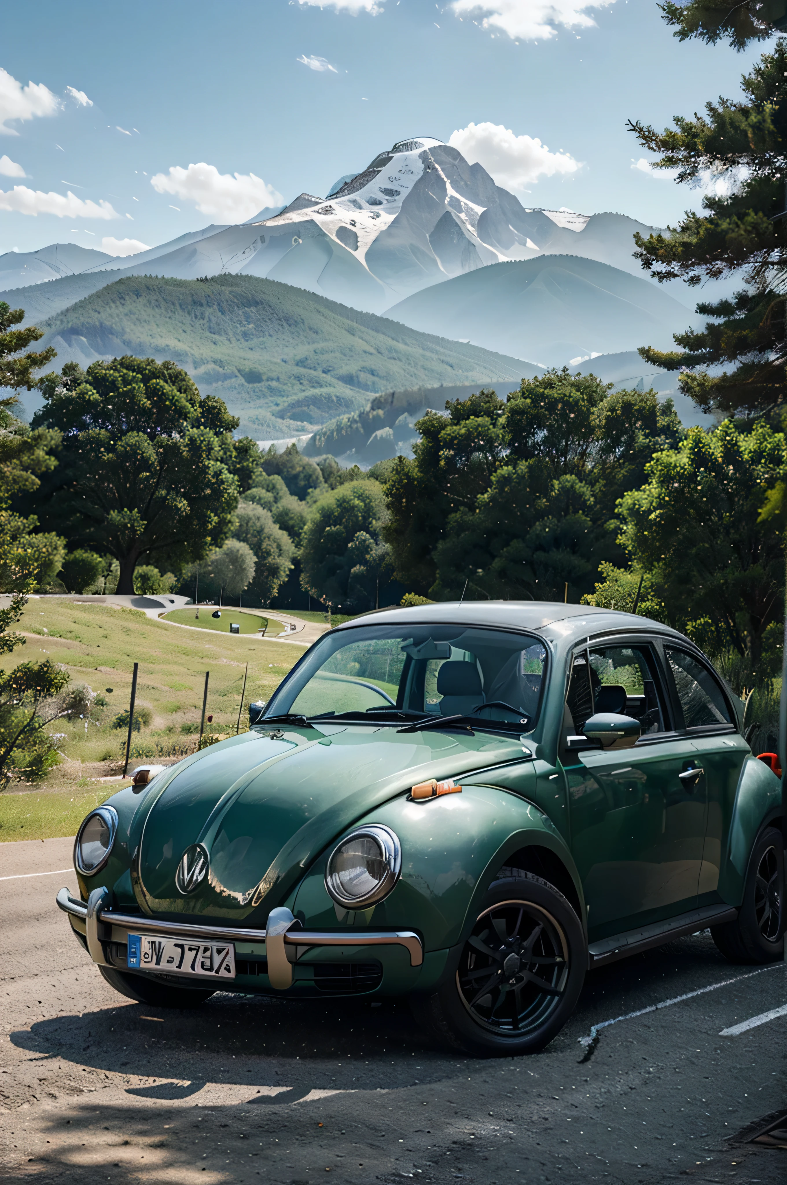 Realistic Metalflake Green VW Bug on a track with an incredible view of the mountains behind