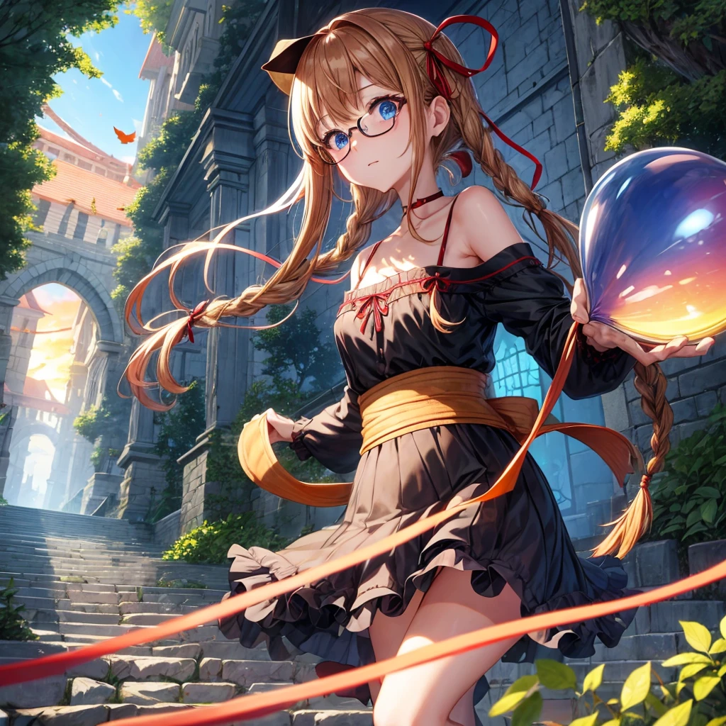 reddish-brown blonde、blue hair、blue eyes、Braid、one good looking girl、solo、anime、lattice柄のミニスカート、camisole、black t-shirt、Tilting your face、Doing the ribbon、Ribbon at waist、sunset sky、stone stairs、tunnel、Fallen leaves、wearing glasses、Burning、Light and shadow、maze、balloon、monster castle、lanthanum、corridor、Black socks、mossy stone、One leg is raised、lattice