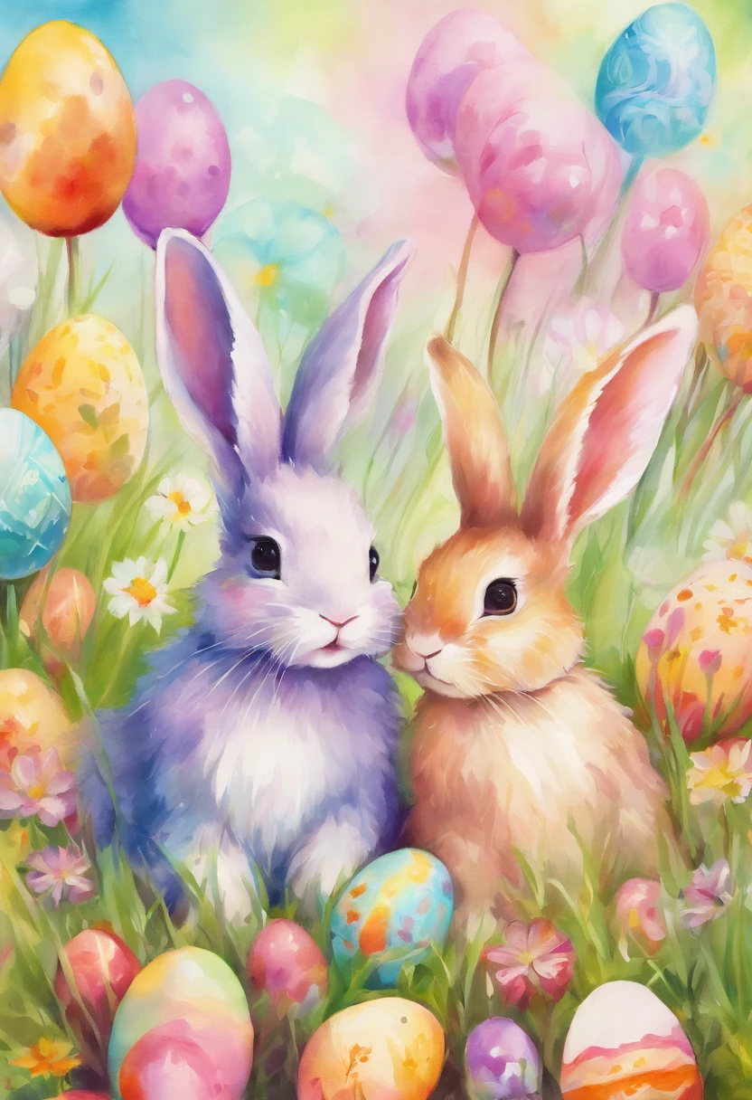2 cute bunnies inside on a grassy field with colorful easter eggs and wild flowers in an easter art holiday atmosphere, watercolor art, masterpiece, soft bright colors, soft light, easter holiday decor, 8K, detailed, highest quality artwork, impresionist, oil paint