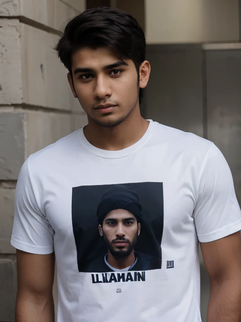 A young Muslim man, wearing a shirt that says, “Luqman,” and he looks handsome