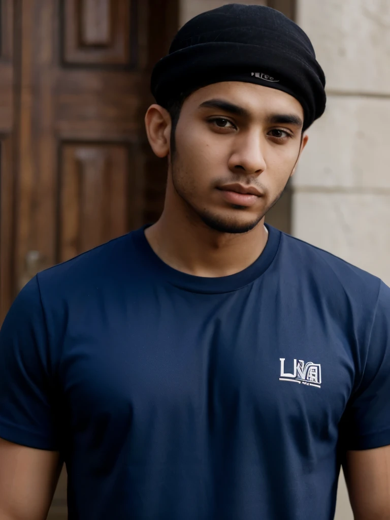 A young Muslim man, wearing a shirt that says, “Luqman,” and he looks handsome
