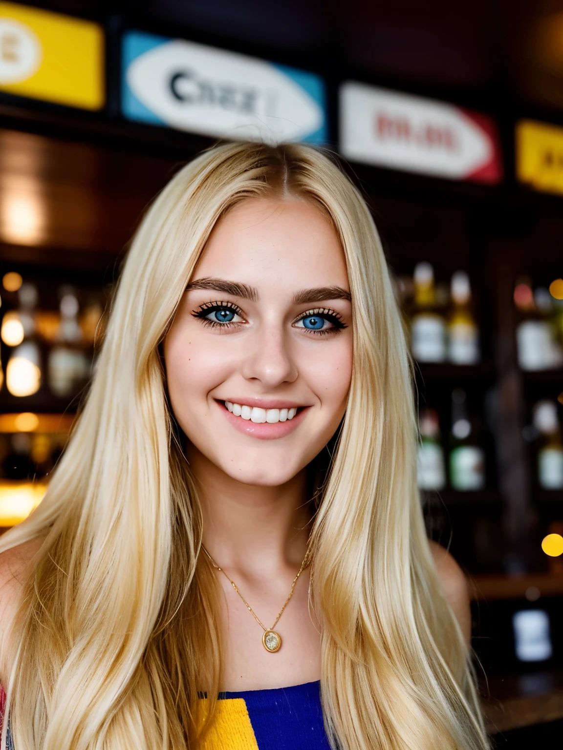 a cute and lovely teenage girl, city girl , 24 years old an Instagram fashion model, long blonde hair,  colorful hair, perfect eyes , perfect eyebrows, smile, dacing in a pub