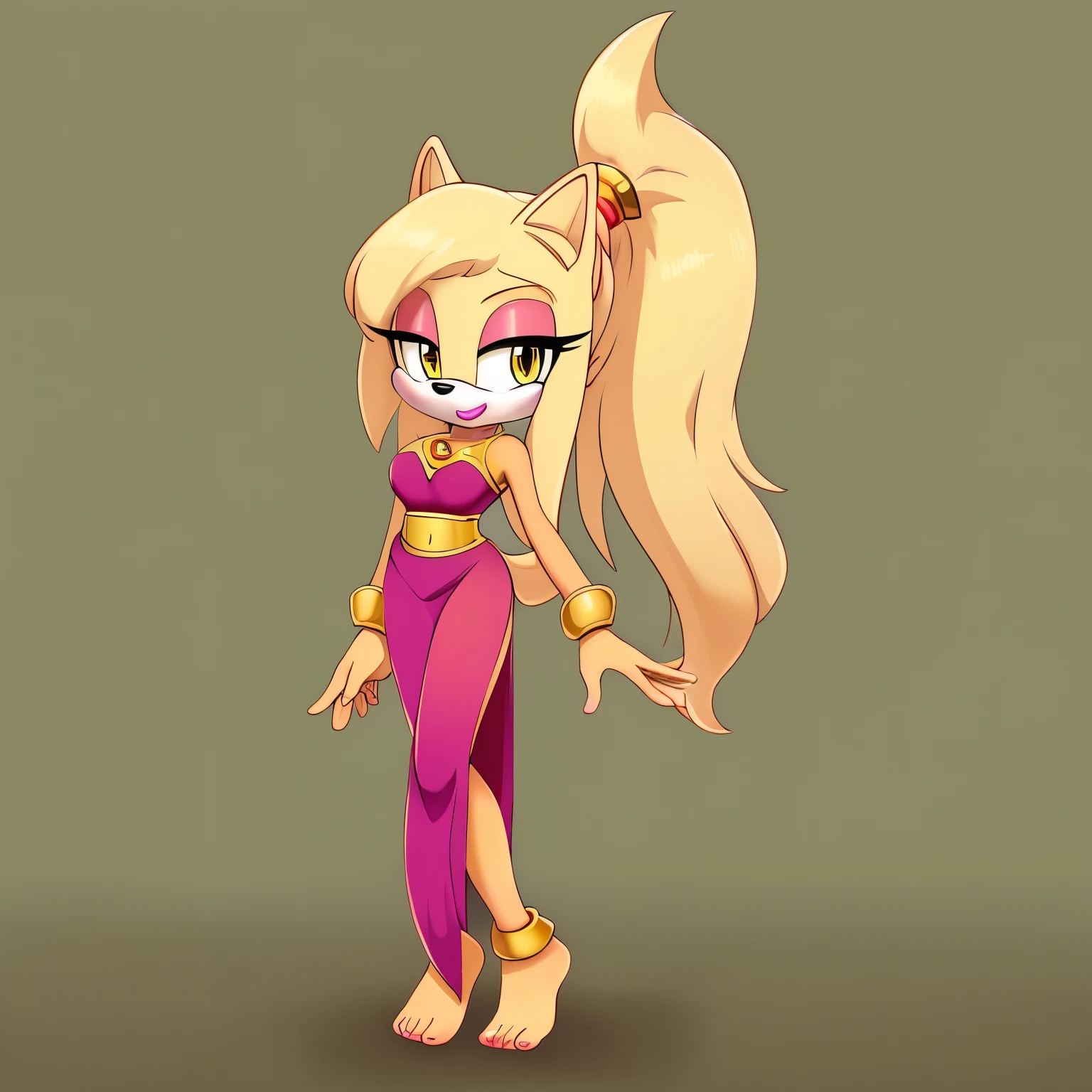 Female, Mobian, Hedgehog, light blonde fur, very long hair, ponytail, tan skin, yellow eyes, makeup, ((genie outfit))