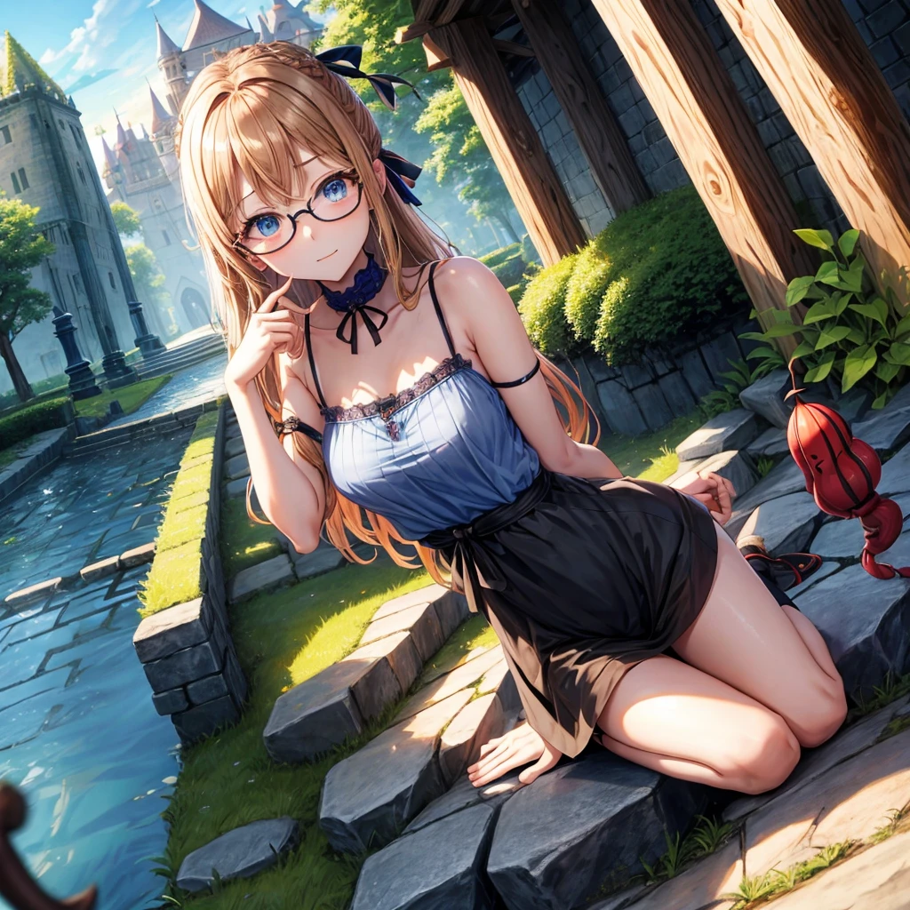 reddish-brown blonde、blue hair、blue eyes、Braid、one good looking girl、solo、anime、lattice柄のミニスカート、camisole、black t-shirt、Tilting your face、Doing the ribbon、Ribbon at waist、sunset sky、stone stairs、tunnel、Fallen leaves、wearing glasses、Burning、Light and shadow、maze、balloon、monster castle、lanthanum、corridor、Black socks、mossy stone、One leg is raised、lattice
