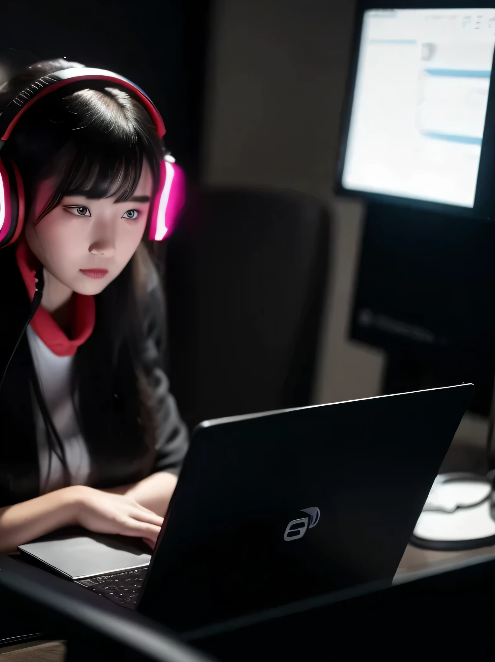 woman sitting at a table with a laptop and headphones on, wearing gaming headset, wearing a gaming headset, sitting in front of computer, wearing a headset, in front of a computer, girl wearing headphones, wearing headset, working in a call center, sitting at a computer, wearing modern headphone, with head phones, studying in a brightly lit room,Cyberpunk with neon lights