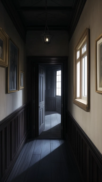 old house, a dark gloomy white walled room of someone very poor, no lighting, with a painting hanging on the wall and cobwebs appearing
