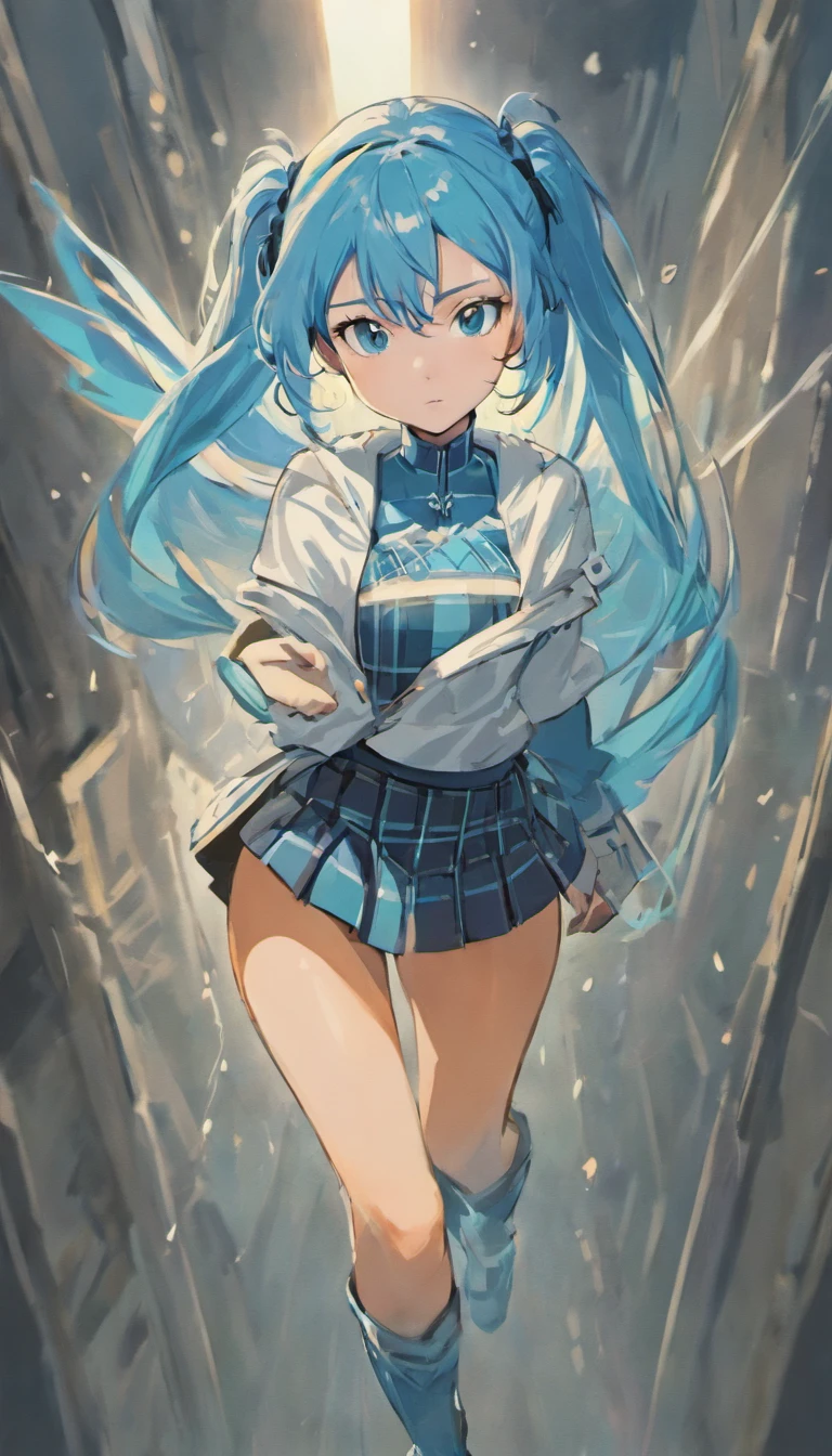 (1 Girl),(high quality), (High resolution), (Very detailed), (8K),(Demolition paperback correct)、Urusei Yatsura、Ram-chan、((White and navy blue sailor suit))、Navy blue pleated skirt、Cute Panties、((Focus on the whole body))、Nipple Shape、((Black knee-high stockings))、Hair messed up by the strong wind、Neutral White Lighting,Sexy pose、
