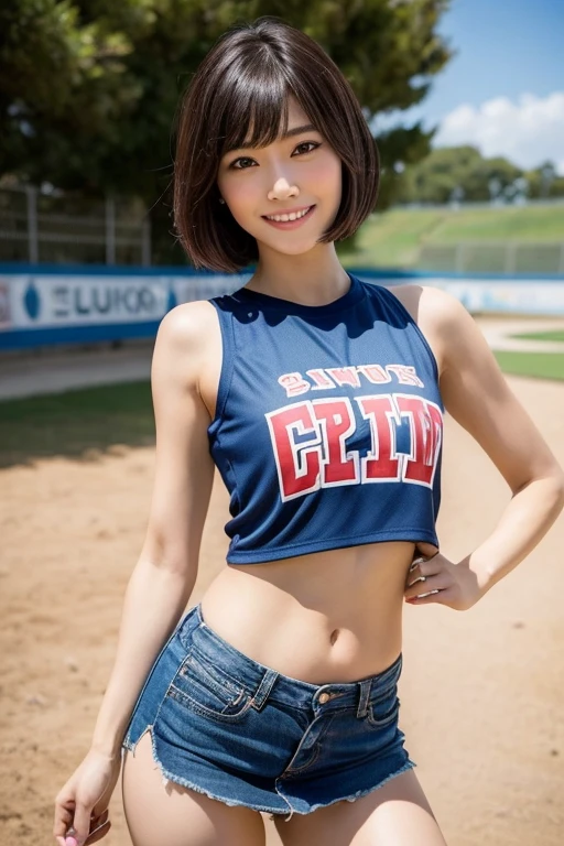 Best Quality、8k、No makeup、masterpiece、Ultra-high resolution、Clear Photo、Realistic、Professional Lighting、(Very cute、beautiful girl、Cute Yoda Yuki)、Cheerleader、smile、(Large erect nipples、I can see the valley)、Ultra slim、Narrow waist、Slender body、Thin legs、(Very short hair:1.6)、Brown Hair、smile、Field、Stadium seats、Soaking wet、(タイトなCheerleaderのユニホームを着て)、(mini skirt)、(Jumping towards the camera:1.8、Jump High:1.8)、(Spread your legs)、(She flipped up her skirt)、(She gets excited and shows off her white panties:1.6)、(Too Exposed)、Full body photo:1.4