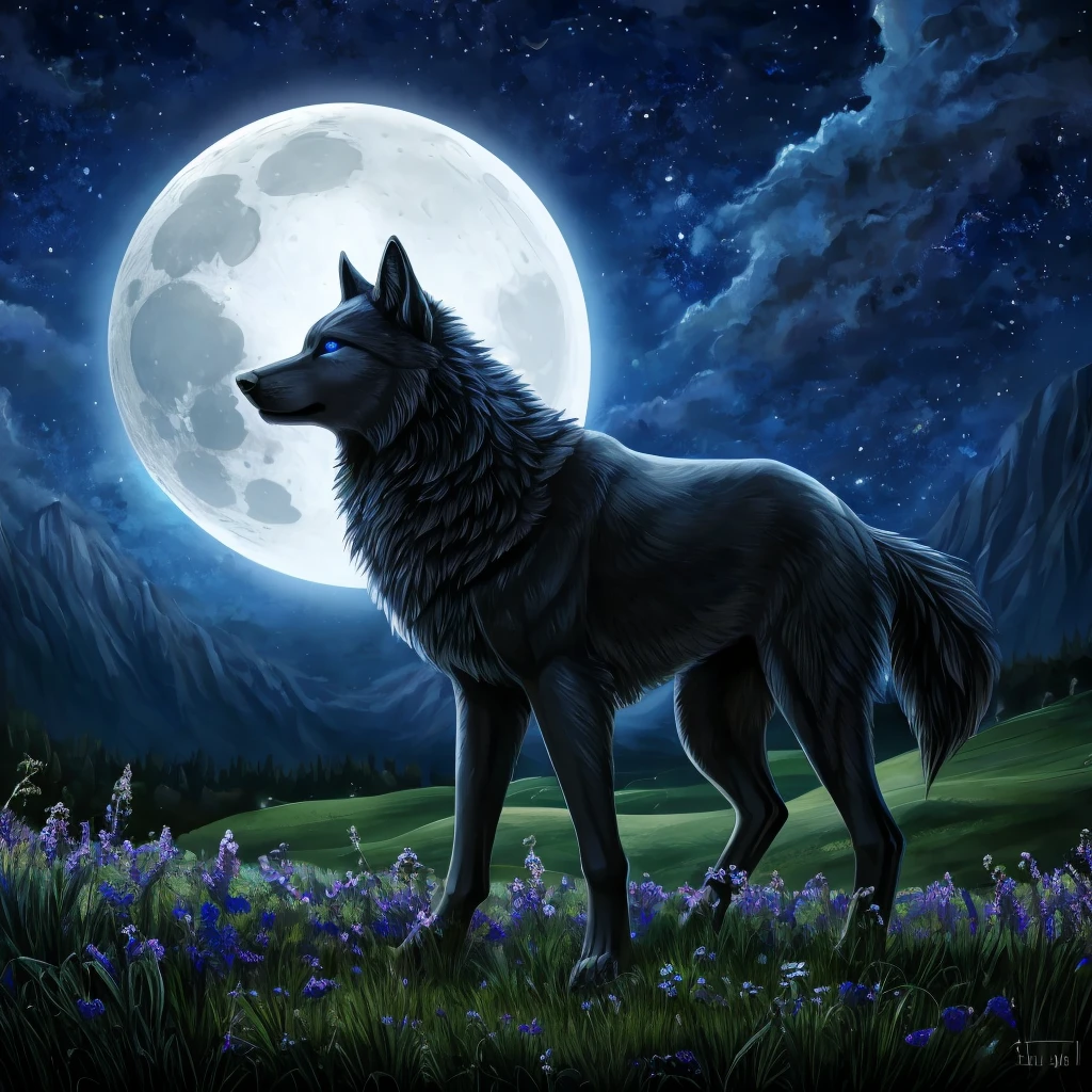 masterpiece, (best quality) , very detailed, ultra detailed ,(alone), meadow , beautiful black wolf, blue eys , night, moon, epic