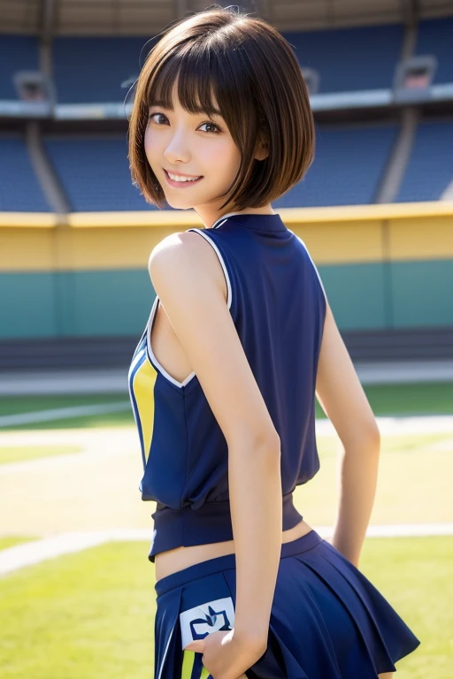 (BEST QUALITY, MASTER PIECE, ULTRA HIGH RESOLUTION, (PHOTOREALISTIC:1.4), RAW PHOTO),
(1girl, -yeld, veshort black hair, extremely cute face, smile, Japanese track and field athlete, on track of athletic stadium, upturned small ass), (wearing yellow track and field's uniform, sleeveless uniform, very loose uniform, side boob, panty shot)