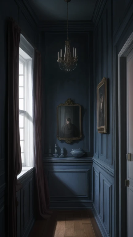 old house, a dark gloomy white walled bedroom of someone very poor, no lighting, with a painting hanging on the wall and cobwebs appearing