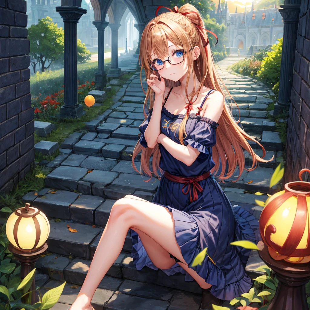 reddish-brown blonde、blue hair、blue eyes、Braid、one good looking girl、solo、anime、lattice柄のミニスカート、camisole、black t-shirt、Tilting your face、Doing the ribbon、Ribbon at waist、sunset sky、stone stairs、tunnel、Fallen leaves、wearing glasses、Burning、Light and shadow、maze、balloon、monster castle、lanthanum、corridor、Black socks、mossy stone、One leg is raised、lattice