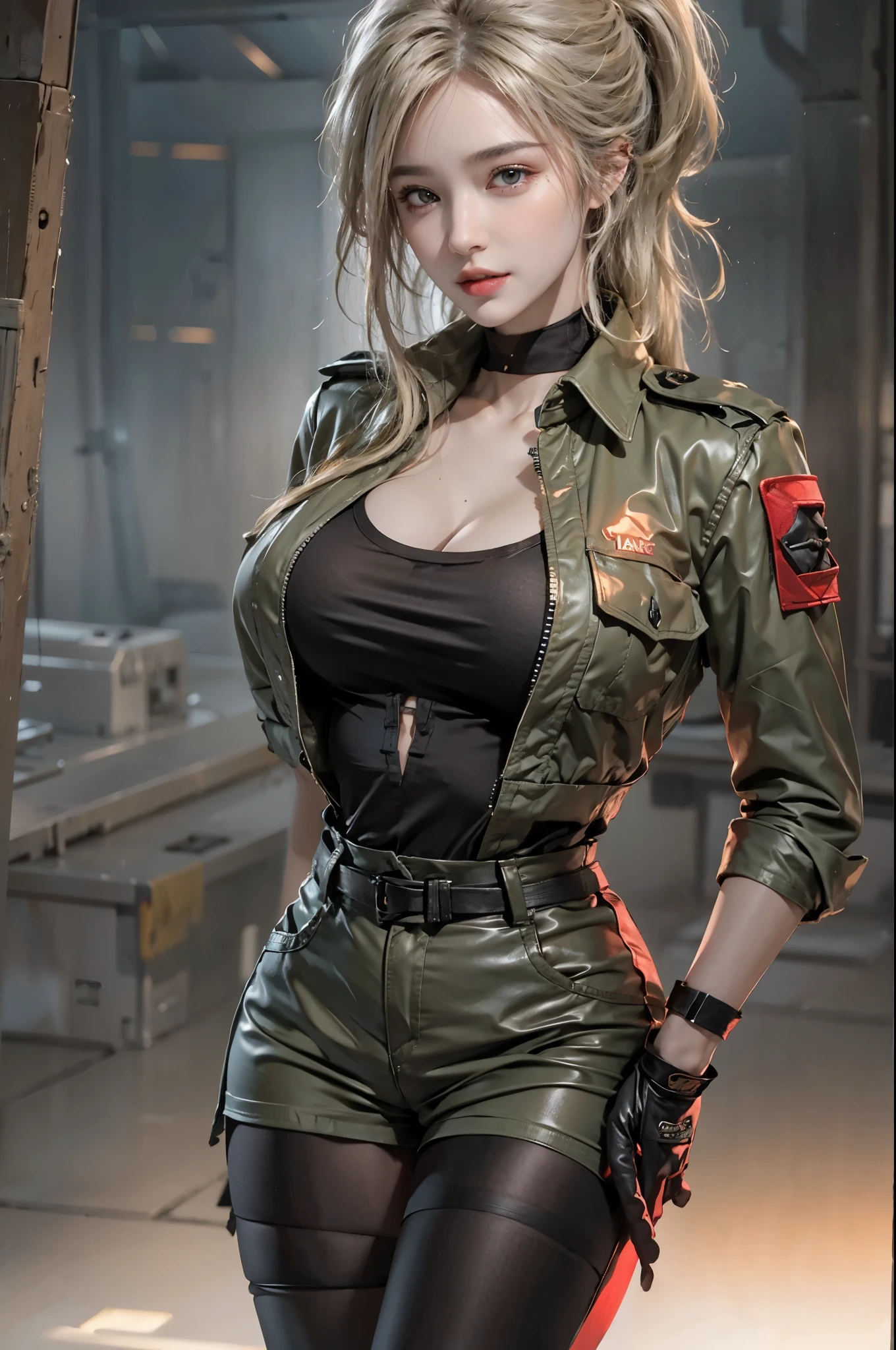 realistic, High resolution, soft light,1 female, alone, hip up, glowing skin, (detailed face),tattoo, jewelry, Bizarre uniform, black stockings, garter belt, night, blonde hair, wavy hair, Beautiful Soldier, Eyes that invite the viewer, lover&#39;s perspective, an inviting look, sexy smile, perfect style, perfect balance, fine skin, naughty look, I can see your chest、cyber punk