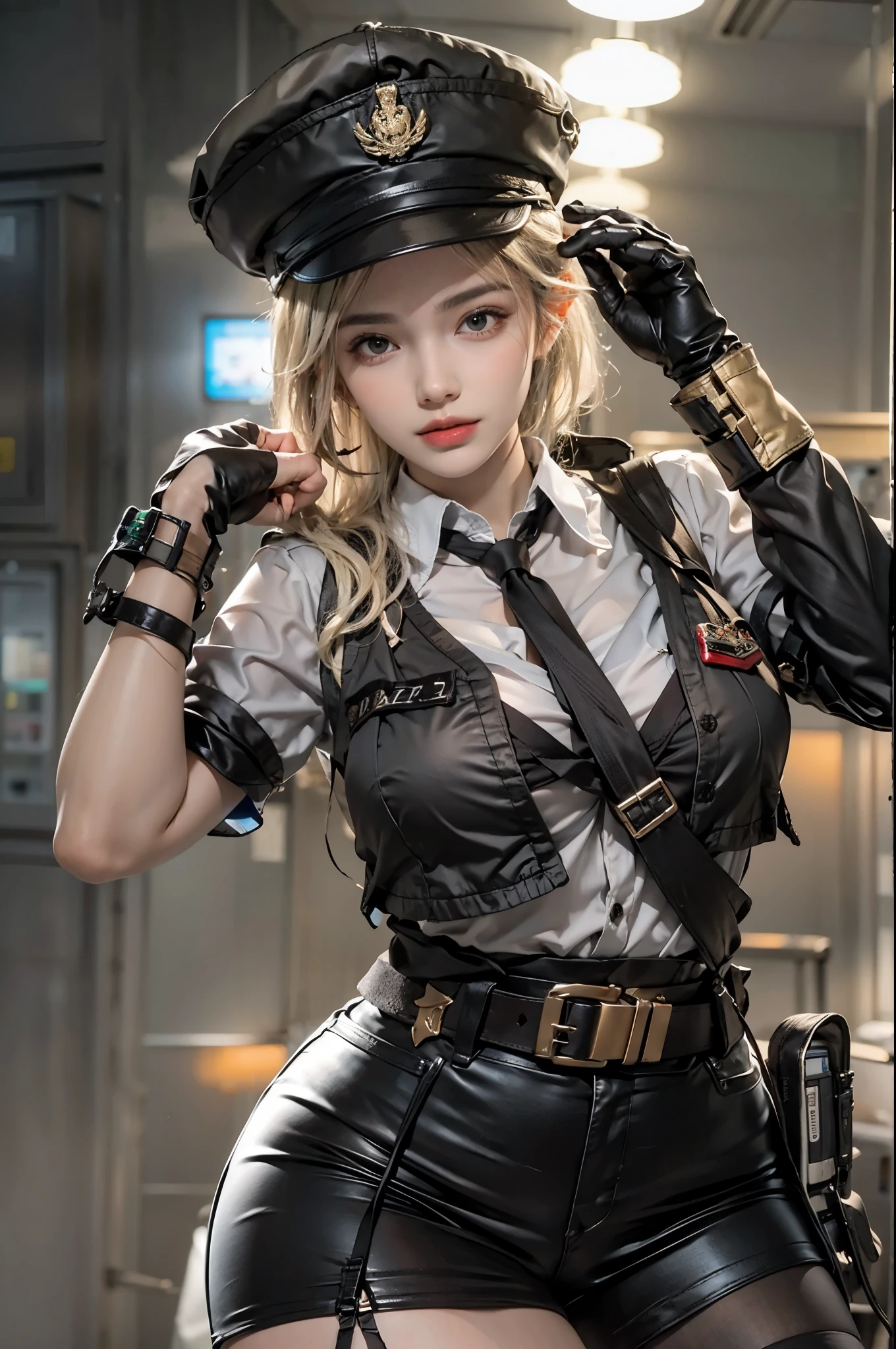 realistic, High resolution, soft light,1 female, alone, hip up, glowing skin, (detailed face),tattoo, jewelry, Bizarre uniform, black stockings, garter belt, night, blonde hair, wavy hair, Beautiful Soldier, Eyes that invite the viewer, lover&#39;s perspective, an inviting look, sexy smile, perfect style, perfect balance, fine skin, naughty look, I can see your chest、cyber punk