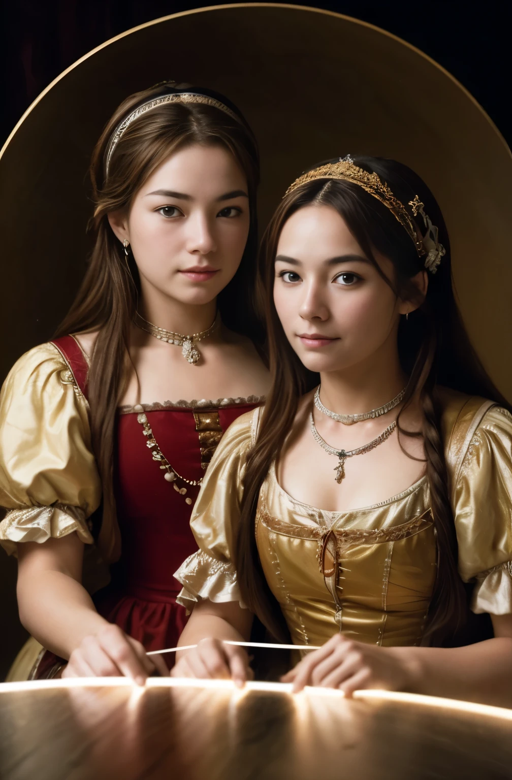 ((Ultra Long Exposure Photography)) high quality, highly detailed, a stunningly photorealistic closeup portrait of two female friends of 24 years of 16 century