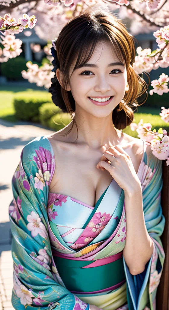 first person perspective, (masterpiece:1.3), High resolution, Super detailed, Highly detailed CG Unity 8K wallpaper, realistic, photo-realistic, RAW photo, (((cherry blossom pattern kimono,floral scrunchie))),beautiful detailed face, white skin japanese woman、20 year old female、realistic目、F Cup Big、beautiful and fine eyes、(real skin: 1.3)、cute smile、medium long hair、beautiful skin、, fine cloth texture, detailed hair texture, perfect body, beautiful face, Accurate, anatomically correct, Highly detailed face and skin texture, natural neck length, (beautiful hands), (Fair skin:1.2), aligned teeth, beautiful skin, Arrange your hands elegantly,The faintly smiling country of Japan,Japanese garden,luxury Japanese room,