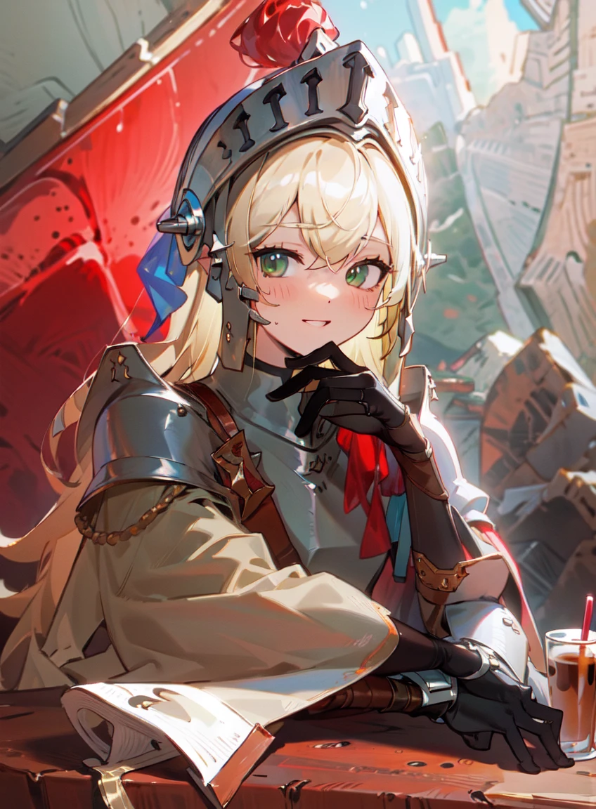 (masterpiece, best quality, ultra-detailed, highres, illustration:1.1),original,extremely detailed wallpaper,official art,nice hands,perfect hands,cafe,hoding cup ,cup,cup of coffee,sitting on table,sitting,cafe table ,drinking shop ,from side,dumbface ,upper body,1girl, solo, looking at viewer, smile,blonde hair ,long hair,armor, green eyes, weapon, belt, sword, cape ,helmet ,gauntlets ,black gloves,