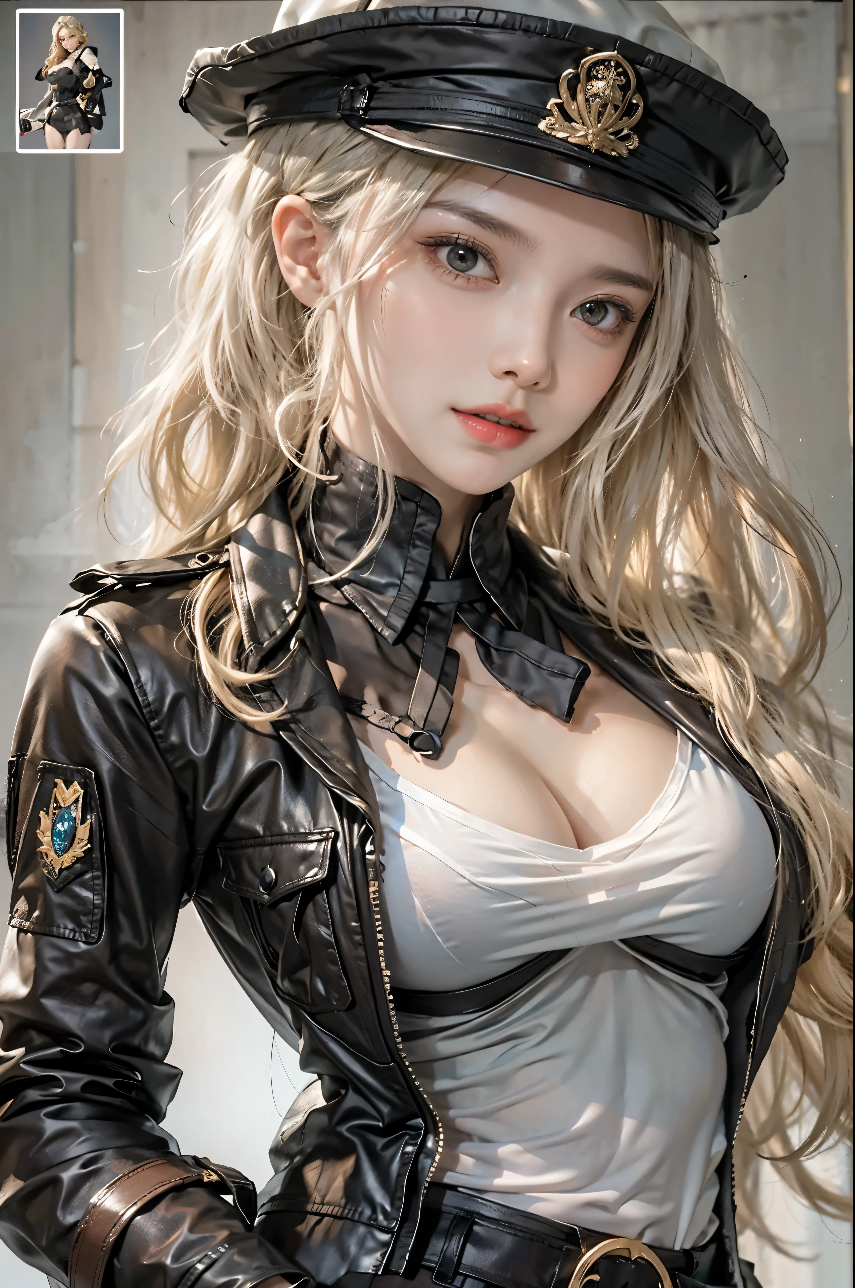 realistic, High resolution, soft light,1 female, alone, hip up, glowing skin, (detailed face),tattoo, jewelry, Bizarre uniform, black stockings, garter belt, night, blonde hair, wavy hair, Beautiful Soldier, Eyes that invite the viewer, lover's perspective, an inviting look, sexy smile, perfect style, perfect balance, fine skin, naughty look, I can see your chest、cyber punk