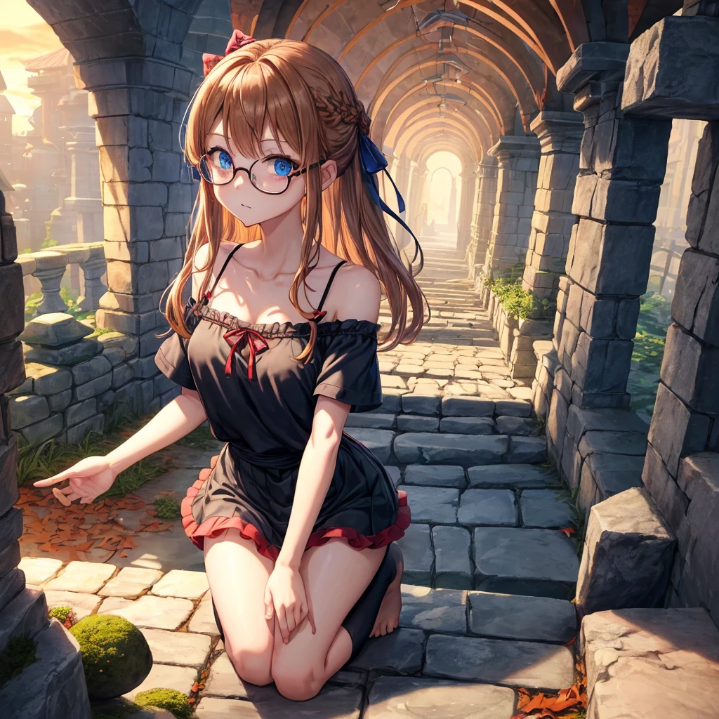 reddish-brown blonde、blue hair、blue eyes、Braid、one good looking girl、solo、anime、lattice柄のミニスカート、camisole、black t-shirt、Tilting your face、Doing the ribbon、Ribbon at waist、sunset sky、stone stairs、tunnel、Fallen leaves、wearing glasses、Burning、Light and shadow、maze、balloon、monster castle、lanthanum、corridor、Black socks、mossy stone、One leg is raised、lattice