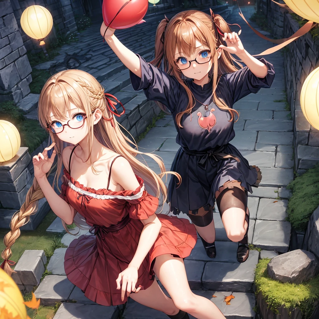 reddish-brown blonde、blue hair、blue eyes、Braid、one good looking girl、solo、anime、lattice柄のミニスカート、camisole、black t-shirt、Tilting your face、Doing the ribbon、Ribbon at waist、sunset sky、stone stairs、tunnel、Fallen leaves、wearing glasses、Burning、Light and shadow、maze、balloon、monster castle、lanthanum、corridor、Black socks、mossy stone、One leg is raised、lattice