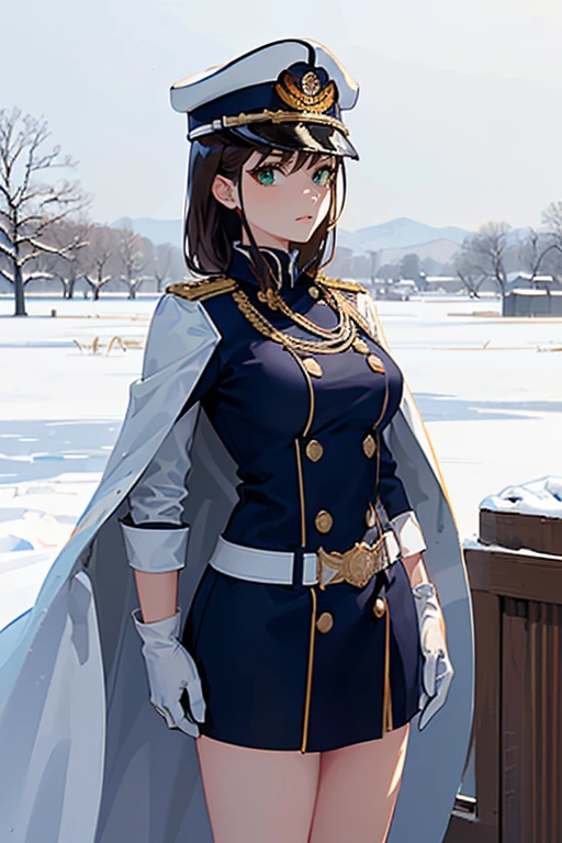 (masterpiece), best quality, expressive eyes, perfect face, (female adult), serious expression, (green eyes), (brunette medium hair), (medium breasts), (wearing A navy captain's "Full Dress white Uniform" with full-sized medals, white gloves:1.4), (wearing a white peaked cap:1.2), (wearing a white Navy Officer Uniform Cape:1.2), ((standing a snowy battlefield)), (side view), (looking at the viewer)