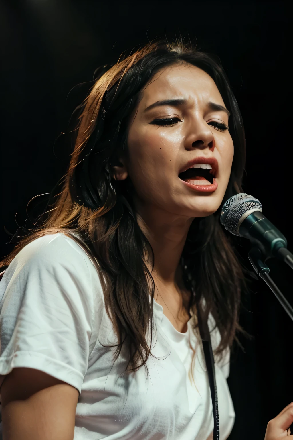 A Woman with a Microphone in Her Hands Sings a Song While Crying