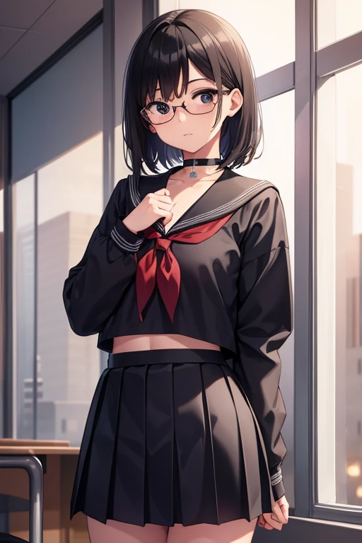 chinatsu, chinatsu, black hair, glasses, mole, (black eyes:1.5), mole under mouth, rimless eyewear, medium hair,
BREAK long sleeves, , serafuku, choker, black choker, skirt, pleated skirt,
BREAK indoors, classroom,
BREAK looking at viewer, (cowboy shot:1.5),
BREAK (masterpiece:1.2), best quality, high resolution, unity 8k wallpaper, (illustration:0.8), (beautiful detailed eyes:1.6), extremely detailed face, perfect lighting, extremely detailed CG, (perfect hands, perfect anatomy),