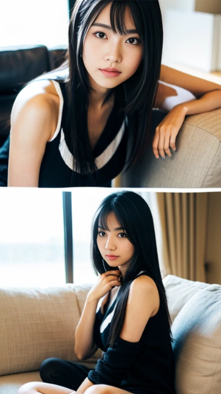 an 18-year-old Japanese girl (scale 1.5), 80mm, a beautiful Japanese girl with black hair, wearing sexy.((Full body)), Ultra-realistic capture, Highly detailed, high resolution 16k closeup of human skin. Skin texture must be natural, With enough detail to finely identify pores. 
Skin should look healthy, In a uniform tone. Use natural light and color, Black striated hair, Black long hair, 
((Full body)), sofa, From above, UHD, retinas, masterpiece, accurate, Anatomically correct, Super Detail, Textured skin, high details, High quality, Best Quality, high resolution, 1080p, HD, 4K, 8K
