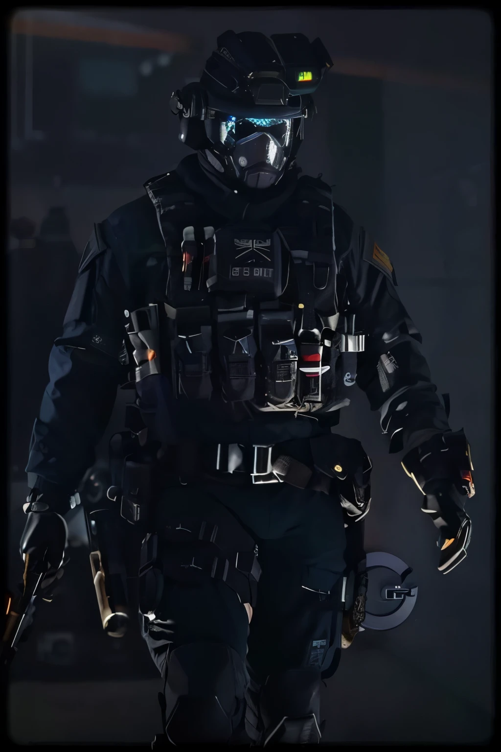 um homem de uniforme preto com uma arma e um capacete, in a dark space mercenary outfit, futuro equipamento de combate, uniforme completo, intimidante armadura de corpo inteiro, soldado cyberpunk, traje furtivo, french special ops, foto de corpo inteiro hiper detalhada