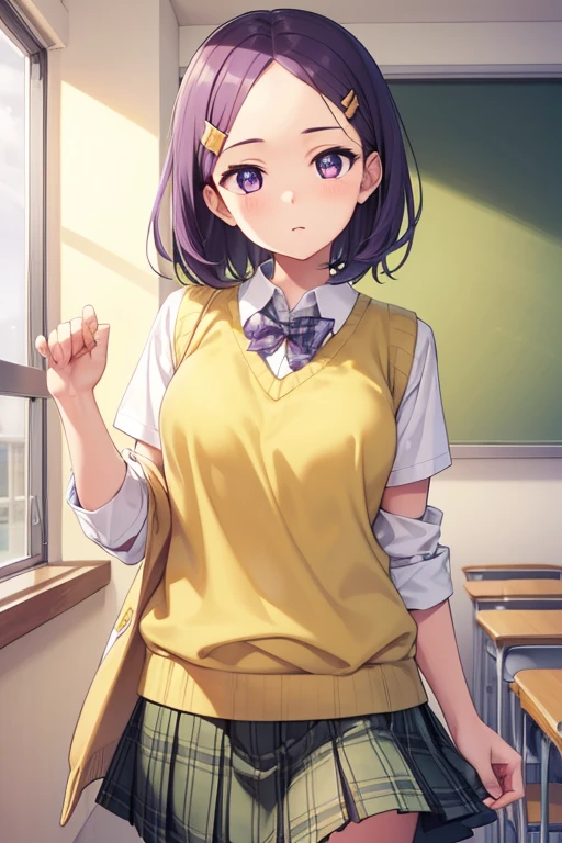 harunasairenji, haruna sairenji, hair ornament, hairclip, (purple eyes:1.1), purple hair, short hair, swept bangs, (forehead:1.3),
BREAK green skirt, plaid, plaid skirt, sainan high , , skirt, sweater vest, (yellow sweater:1.3), short sleeves,
BREAK indoors, classroom,
BREAK looking at viewer, (cowboy shot:1.5),
BREAK (masterpiece:1.2), best quality, high resolution, unity 8k wallpaper, (illustration:0.8), (beautiful detailed eyes:1.6), extremely detailed face, perfect lighting, extremely detailed CG, (perfect hands, perfect anatomy),