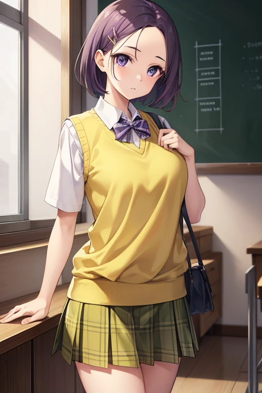 harunasairenji, haruna sairenji, hair ornament, hairclip, (purple eyes:1.1), purple hair, short hair, swept bangs, (forehead:1.3),
BREAK green skirt, plaid, plaid skirt, sainan high , , skirt, sweater vest, (yellow sweater:1.3), short sleeves,
BREAK indoors, classroom,
BREAK looking at viewer, (cowboy shot:1.5),
BREAK (masterpiece:1.2), best quality, high resolution, unity 8k wallpaper, (illustration:0.8), (beautiful detailed eyes:1.6), extremely detailed face, perfect lighting, extremely detailed CG, (perfect hands, perfect anatomy),