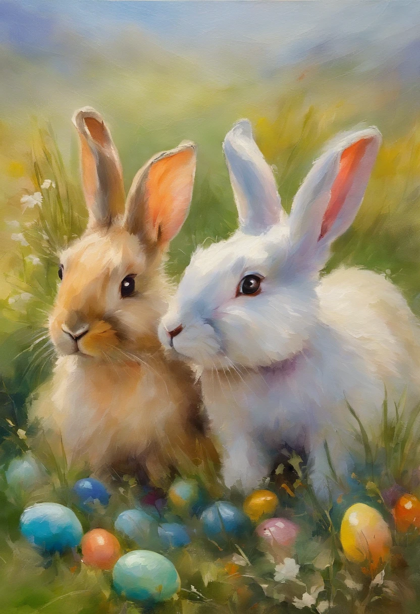 2 cute bunnies inside on a grassy field with colorful easter eggs and wild flowers in an easter art holiday atmosphere, watercolor art, masterpiece, soft bright colors, soft light, easter holiday decor, 8K, detailed, highest quality artwork, impresionist, oil paint