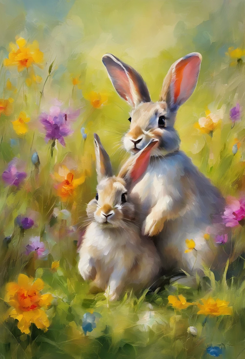 2 cute bunnies inside on a grassy field with colorful easter eggs and wild flowers in an easter art holiday atmosphere, watercolor art, masterpiece, soft bright colors, soft light, easter holiday decor, 8K, detailed, highest quality artwork, impresionist, oil paint