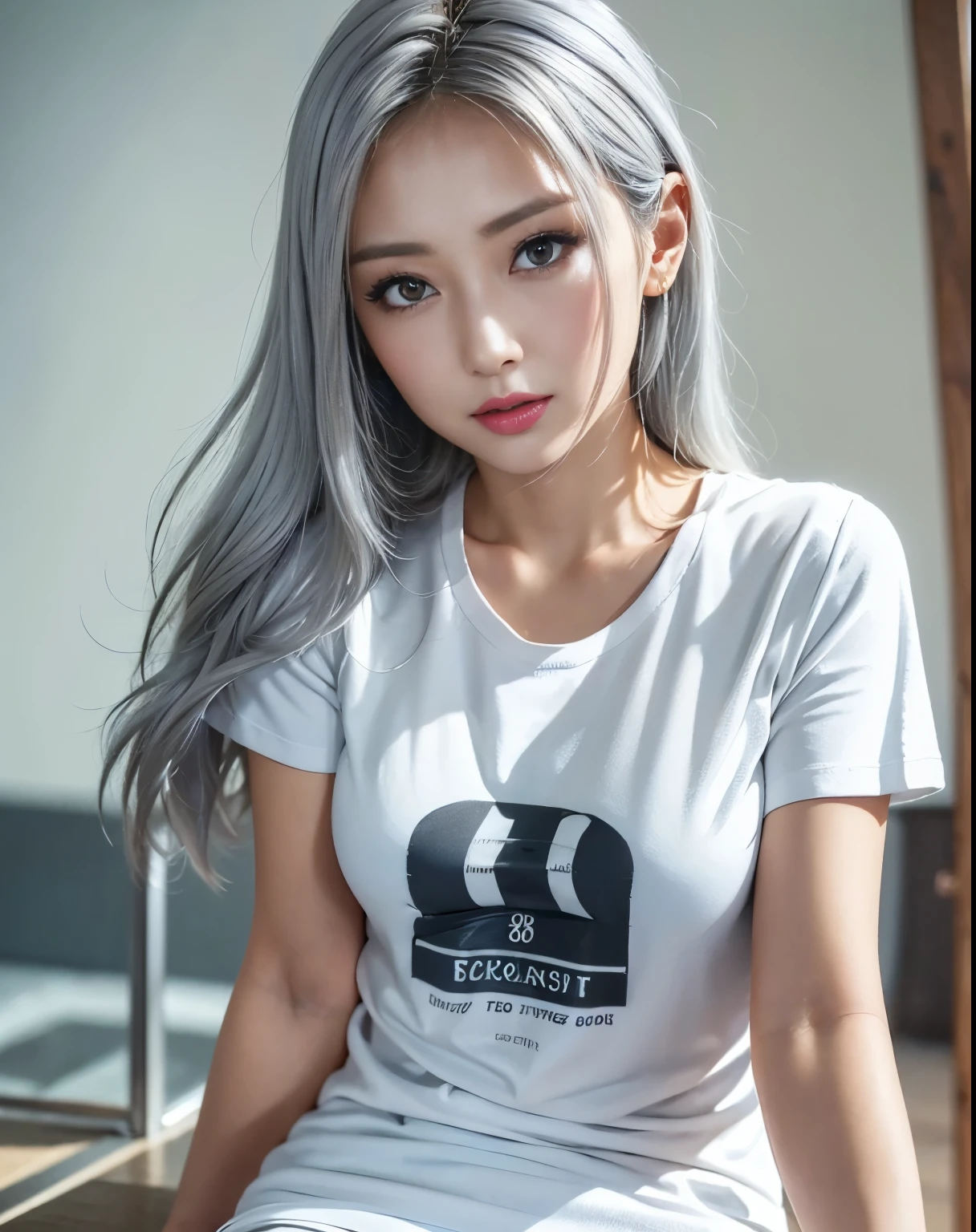 (Just the right kind of 18-year-old Japanese kuro Gyaru for friendship), (((((full body, sitting))))), woman wearing(white t-shirt:1.5), RAW photo, photorealistic:1.6, Quality:1.5, 8k, Masterpiece:1.3, ultra highres:1.0, Crisp Focus:1.2, Beautiful Woman with Perfect Figure, Highly Detailed Face and Skin Texture, Detailed Eyes, Double Eyelids, (perfect face balance), (silver hair:1.2), beautiful studio soft light, rim light, vibrant details, hyper realistic, octane render, detailed beautiful skin, realistic skin, (Look at the viewer), in a beautiful beach, sunny day