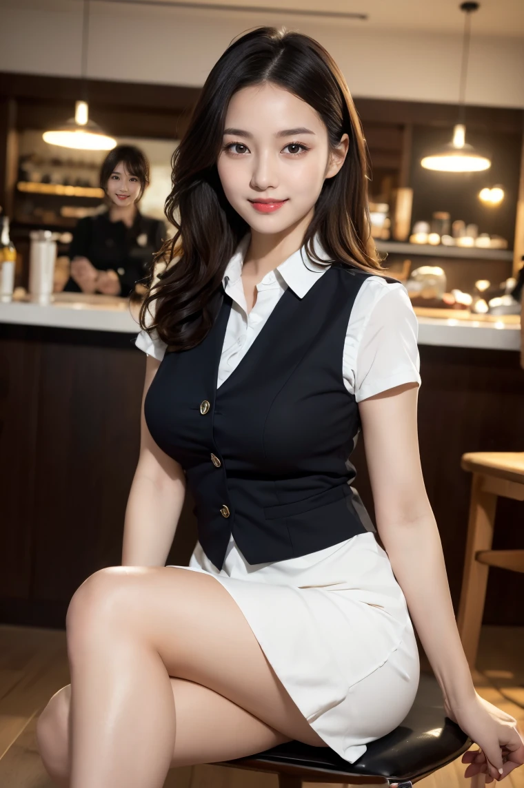 (((full body,including legs)))、(((cute counter staff,little smile,blush,red cheek,in the cafeterria,open legs apart,sitting down the chair))),(((perfect uniform of Japanese stewardess, black vest-dress uniform,white tight blouse,black mini skirt,black high-heel,little smile,white blouse,tight blouse))) ,high heel、Dressed up、(Photo real:1.4)、(A hyper-realistic:1.4)、(Photorealistic:1.3)、 (gentle lighting: 1.05)、(Improve the lighting quality of your video:0.9)、32k、 1Girl、28years old girl、photorealistic lighting、Back lighting、Facial Lights、Ray Trace、(bright:1.2)、(Increase quality:1.4)、 (best quality real texture skin)、Fair eyes,Delicate and delicate face, Close-up of the face, white blouse,tight blouse,tight black vest-dress uniform,black mini skirt, (Bodyline mood improvement:1.1)、good figure,Glossy skin、wavy hair,curly hair,blonde hair,韓国アイドル、乃木坂アイドル、Sculptural Idol Pose、little smile,blush,Beautiful actress, (((large breasts,beautiful breasts))),(perfect row of teeth),slender waist and hip,beautiful long legs,full shot)、((8heads tall)、(((誘惑している、恥ずかしい)))、dynamic pose,gravure pose,(eye shadow),((red cheek、red lips)),Super Clean Night View、night time、blush,little smile,(((full shot)))、Super Clean Night View、night time,in the cafeterria,open legs apart,sitting down the chair))),
