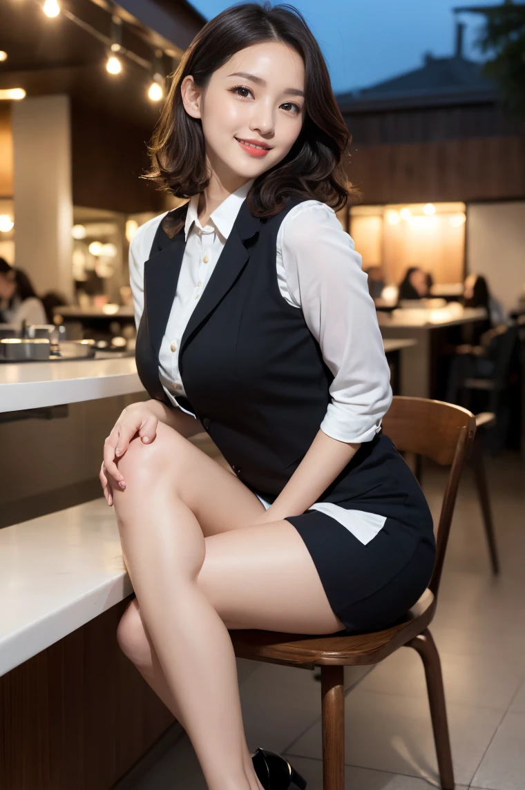 (((full body,including legs)))、(((cute counter staff,little smile,blush,red cheek,in the cafeterria,open legs apart,sitting down the chair))),(((perfect uniform of Japanese stewardess, black vest-dress uniform,white tight blouse,black mini skirt,black high-heel,little smile,white blouse,tight blouse))) ,high heel、Dressed up、(Photo real:1.4)、(A hyper-realistic:1.4)、(Photorealistic:1.3)、 (gentle lighting: 1.05)、(Improve the lighting quality of your video:0.9)、32k、 1Girl、28years old girl、photorealistic lighting、Back lighting、Facial Lights、Ray Trace、(bright:1.2)、(Increase quality:1.4)、 (best quality real texture skin)、Fair eyes,Delicate and delicate face, Close-up of the face, white blouse,tight blouse,tight black vest-dress uniform,black mini skirt, (Bodyline mood improvement:1.1)、good figure,Glossy skin、wavy hair,curly hair,blonde hair,韓国アイドル、乃木坂アイドル、Sculptural Idol Pose、little smile,blush,Beautiful actress, (((large breasts,beautiful breasts))),(perfect row of teeth),slender waist and hip,beautiful long legs,full shot)、((8heads tall)、(((誘惑している、恥ずかしい)))、dynamic pose,gravure pose,(eye shadow),((red cheek、red lips)),Super Clean Night View、night time、blush,little smile,(((full shot)))、Super Clean Night View、night time,in the cafeterria,open legs apart,sitting down the chair))),