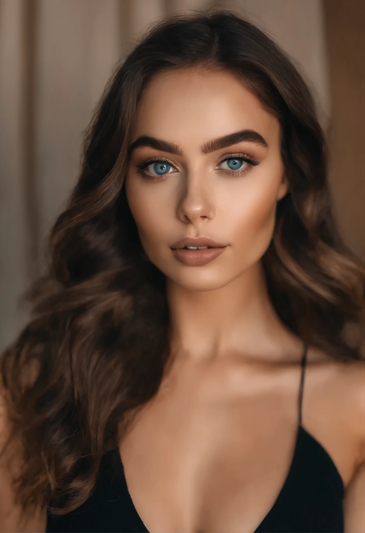 Mujer con camiseta sin mangas y bragas a juego, Chica sexy con ojos azules, Retrato Sophie Mudd, Retrato de Corinna Kopf, cabello rubio y ojos grandes, selfie de una mujer joven, Maquillaje OHNE, Maquillaje natural, looks directly at camera, habla por telefono, Cara con Artgram, dezentes Maquillaje, Gran foto de cuerpo entero, in the room, senos grandes, rubio, latina, fondo amarillo entero